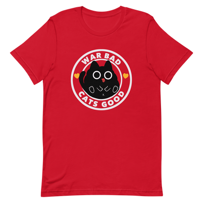 A chubby black cat with big round eyes sits in the center of a circle with the words “War Bad, Cats Good.” This artwork mixes cuteness with a powerful message, reminding us that peace and love always win over conflict. Perfect for cat lovers, peace advocates, and anyone who enjoys playful yet meaningful designs.