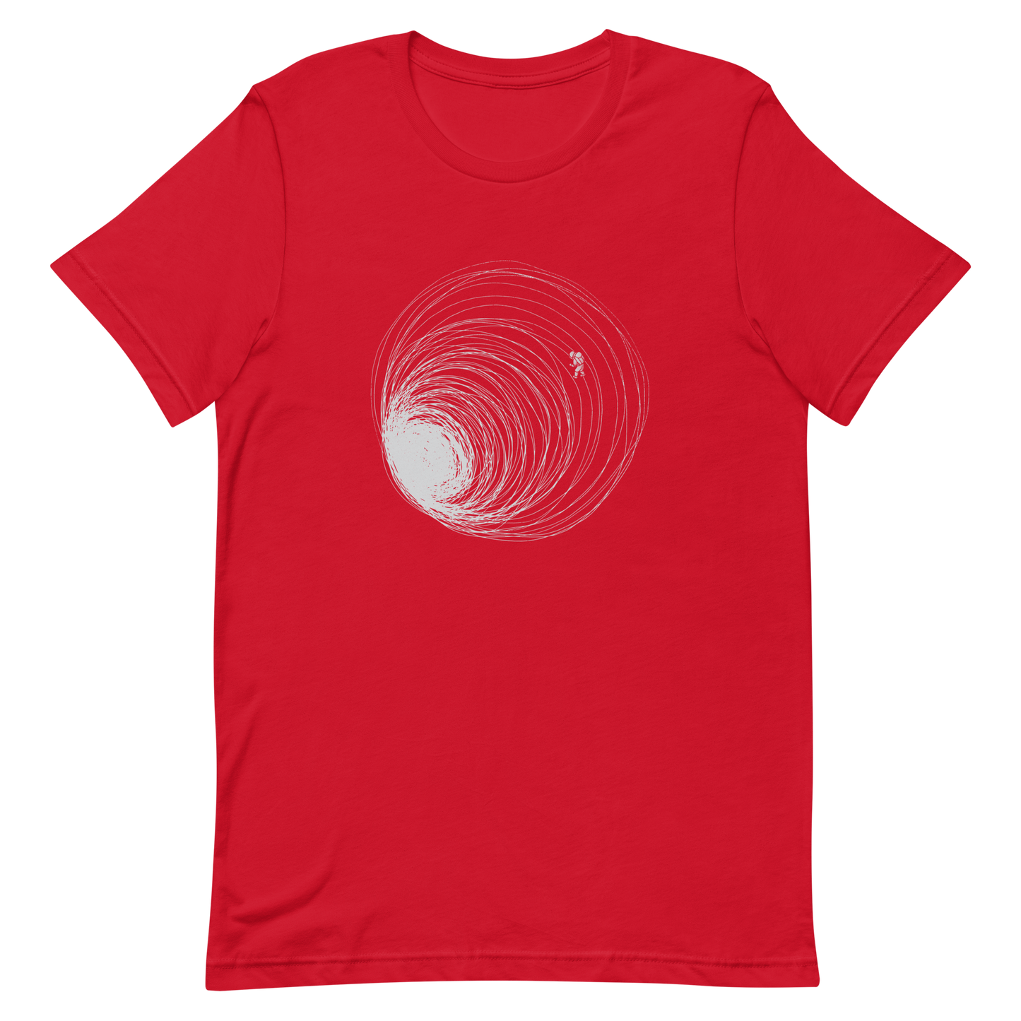 A big black hole with an astronaut floating around as if being sucked into it. A minimalist art perfect for those who love space.