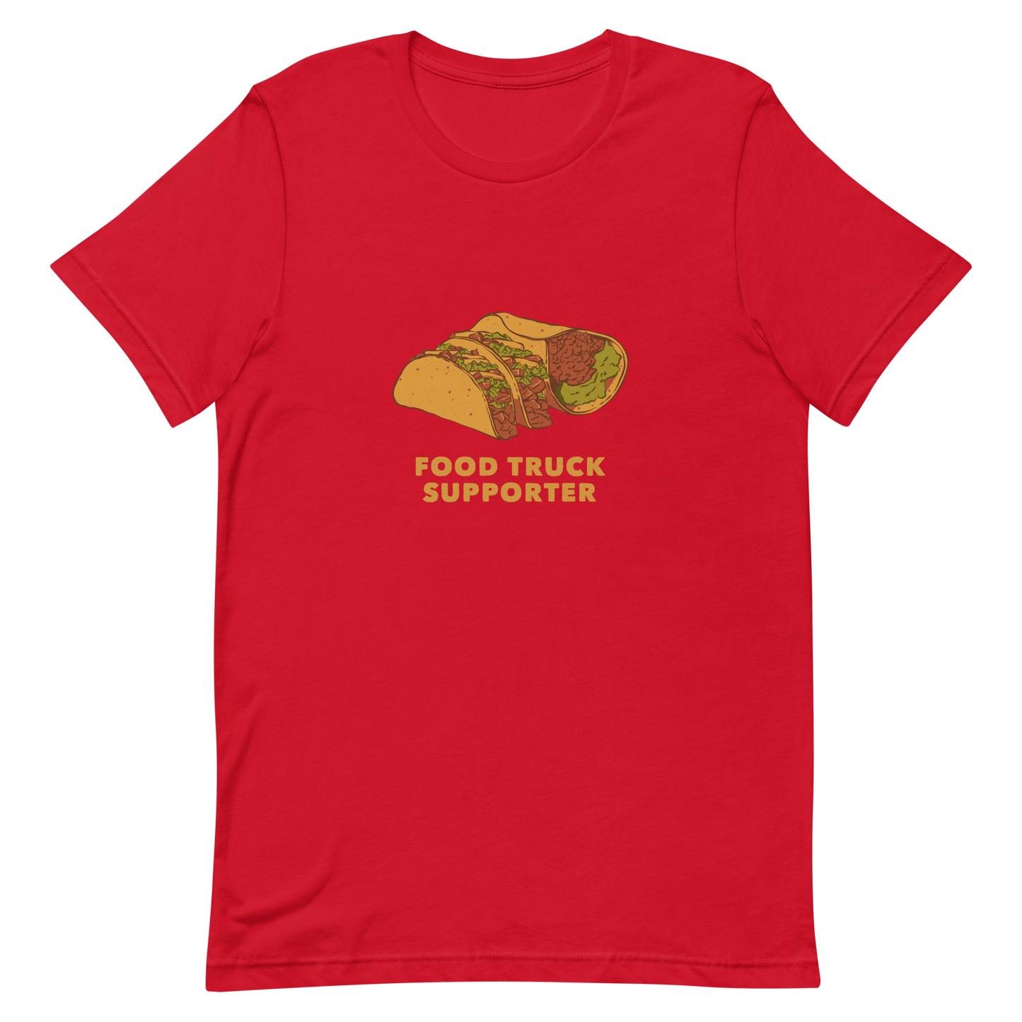 Two delicious tacos and a burrito with the phrase below "Food Truck Supporter". This design celebrates the love of street food and the joy of discovering amazing flavors on wheels. Perfect for Mexican food lovers, taco fans, and anyone who proudly supports local food trucks.
