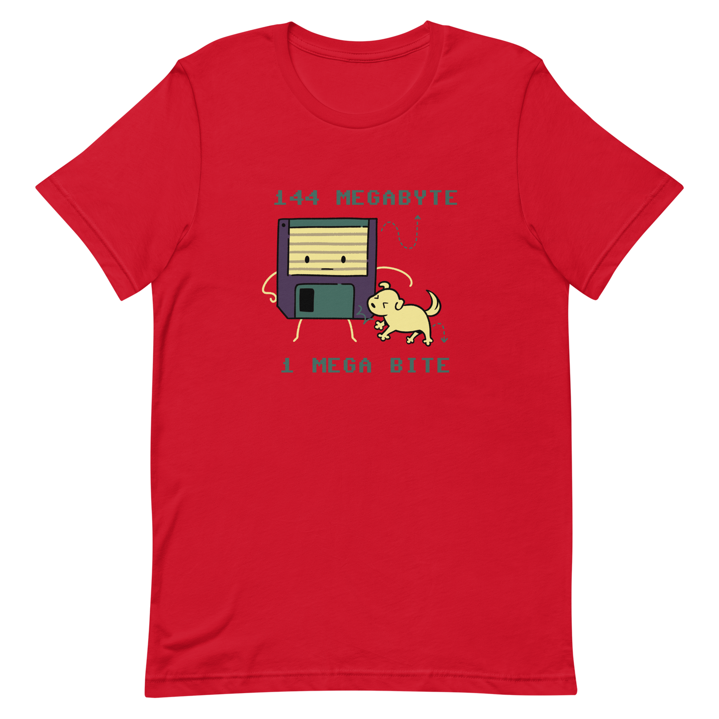 A cute floppy disk stands nervously while a little dog playfully bites its corner, with the text “144 Megabyte / 1 Mega Bite”. This clever pun mixes retro tech nostalgia with a dose of adorable chaos. Perfect for geeks, gamers and anyone who loves a good tech joke.