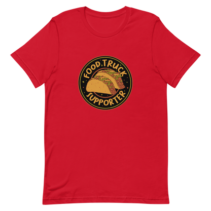 Two delicious tacos sit at the center of a bold circular badge under the phrase “Food Truck Supporter”. This design celebrates the love for street food and the joy of discovering amazing flavors on wheels. Perfect for foodies, taco lovers, and anyone who proudly supports their local food trucks.