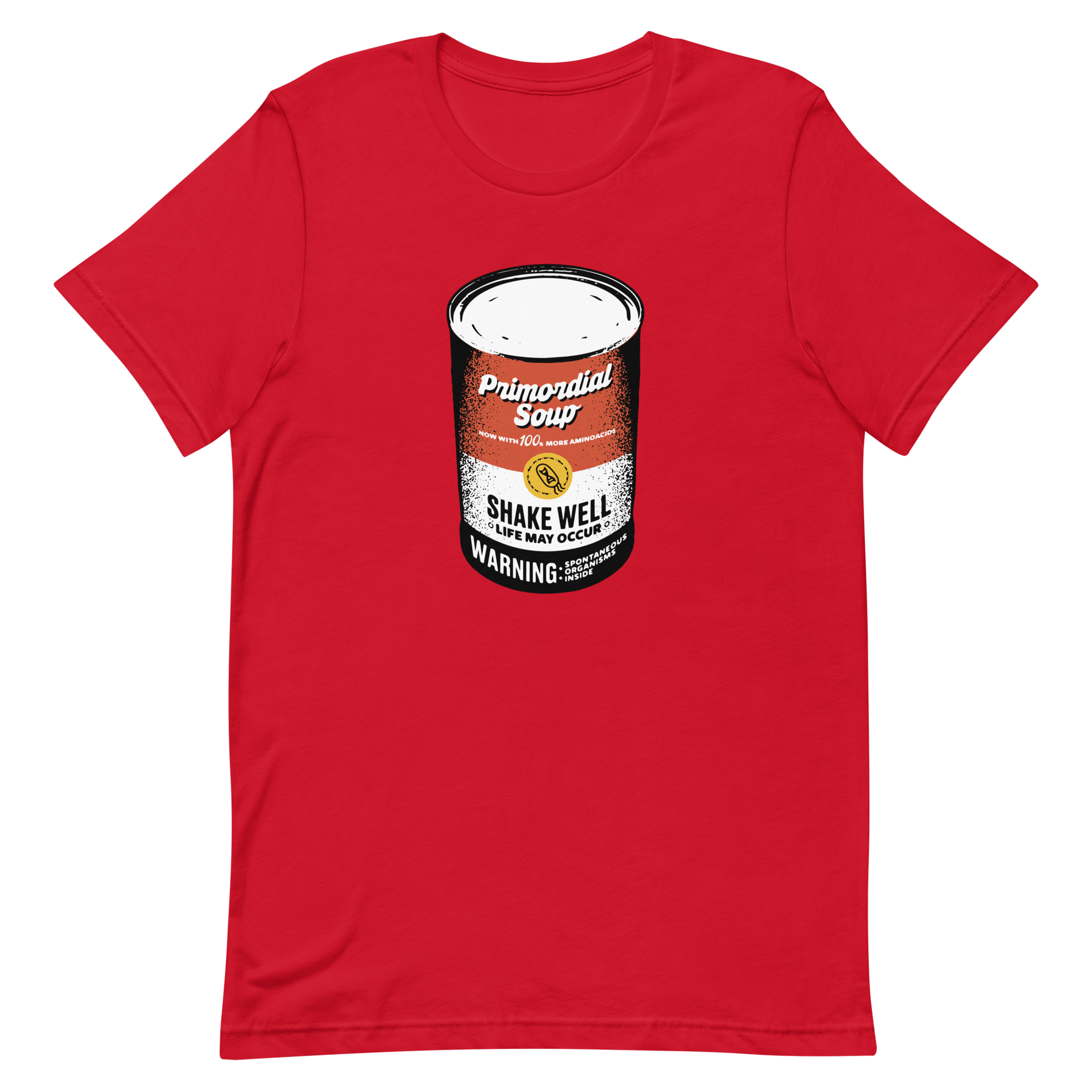 A vintage-style soup can featuring the phrase ‘Primordial Soup – Shake Well, Life May Occur’. A playful and clever design that humorously references the idea of soup as the recipe that sparked the origin of life, blending science, irony, and retro-inspired aesthetics.
