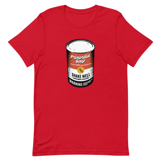 A vintage-style soup can featuring the phrase ‘Primordial Soup – Shake Well, Life May Occur’. A playful and clever design that humorously references the idea of soup as the recipe that sparked the origin of life, blending science, irony, and retro-inspired aesthetics.