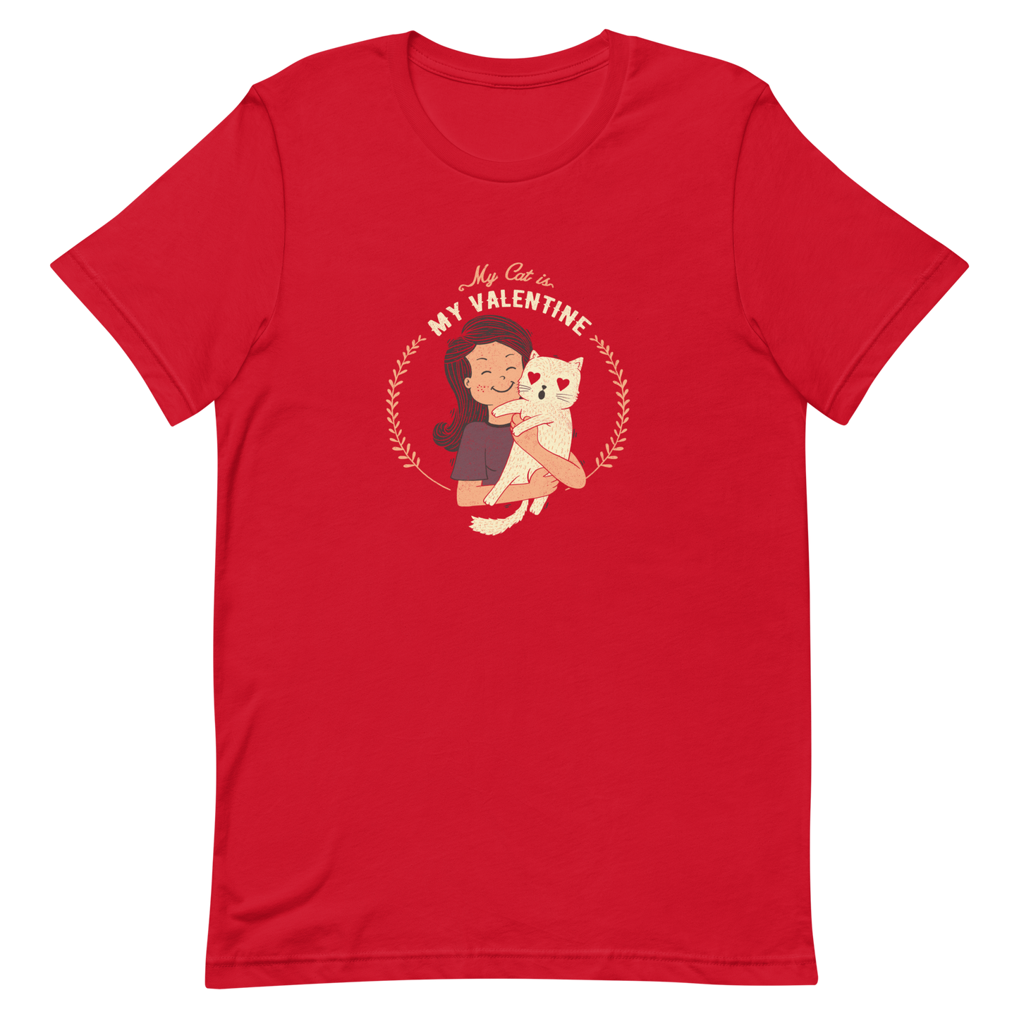 A cute illustration of a woman holding an adorable cat, paired with the phrase “My Cat Is My Valentine”. A sweet and relatable Valentine’s Day design for cat lovers.