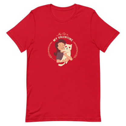 A cute illustration of a woman holding an adorable cat, paired with the phrase “My Cat Is My Valentine”. A sweet and relatable Valentine’s Day design for cat lovers.