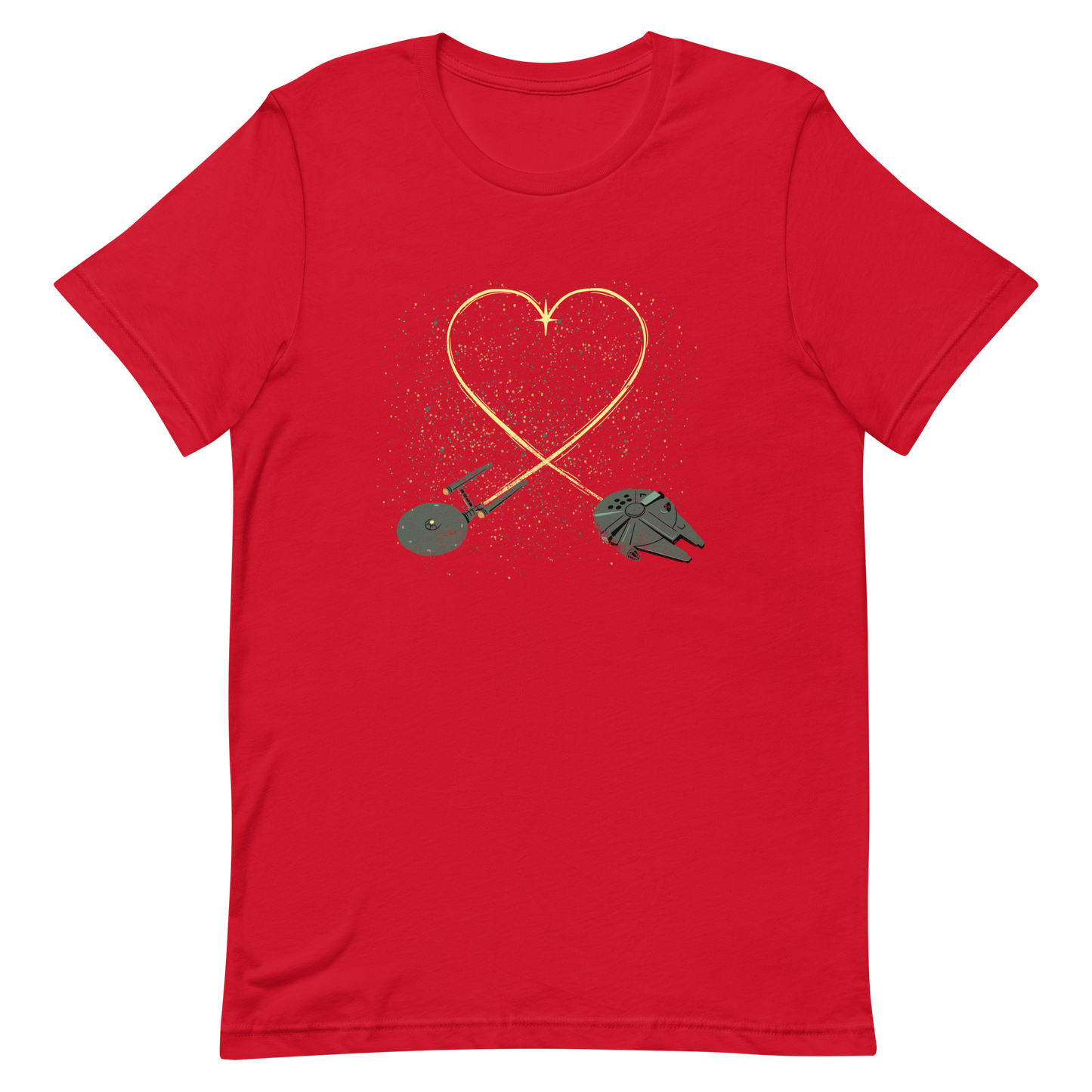 A romantic sci-fi illustration of two retro-inspired spaceships flying through space, their trails forming a heart shape. A subtle tribute to classic science fiction adventures, perfect for sci-fi fans who love a touch of romance.