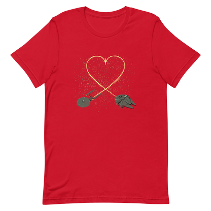 A romantic sci-fi illustration of two retro-inspired spaceships flying through space, their trails forming a heart shape. A subtle tribute to classic science fiction adventures, perfect for sci-fi fans who love a touch of romance.
