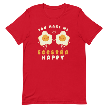 A fun and cute art of two bouncy starry eggs as if they were lovers, next to them the phrase "You make me eggstra happy". A humorous gift that combines love and eggs.