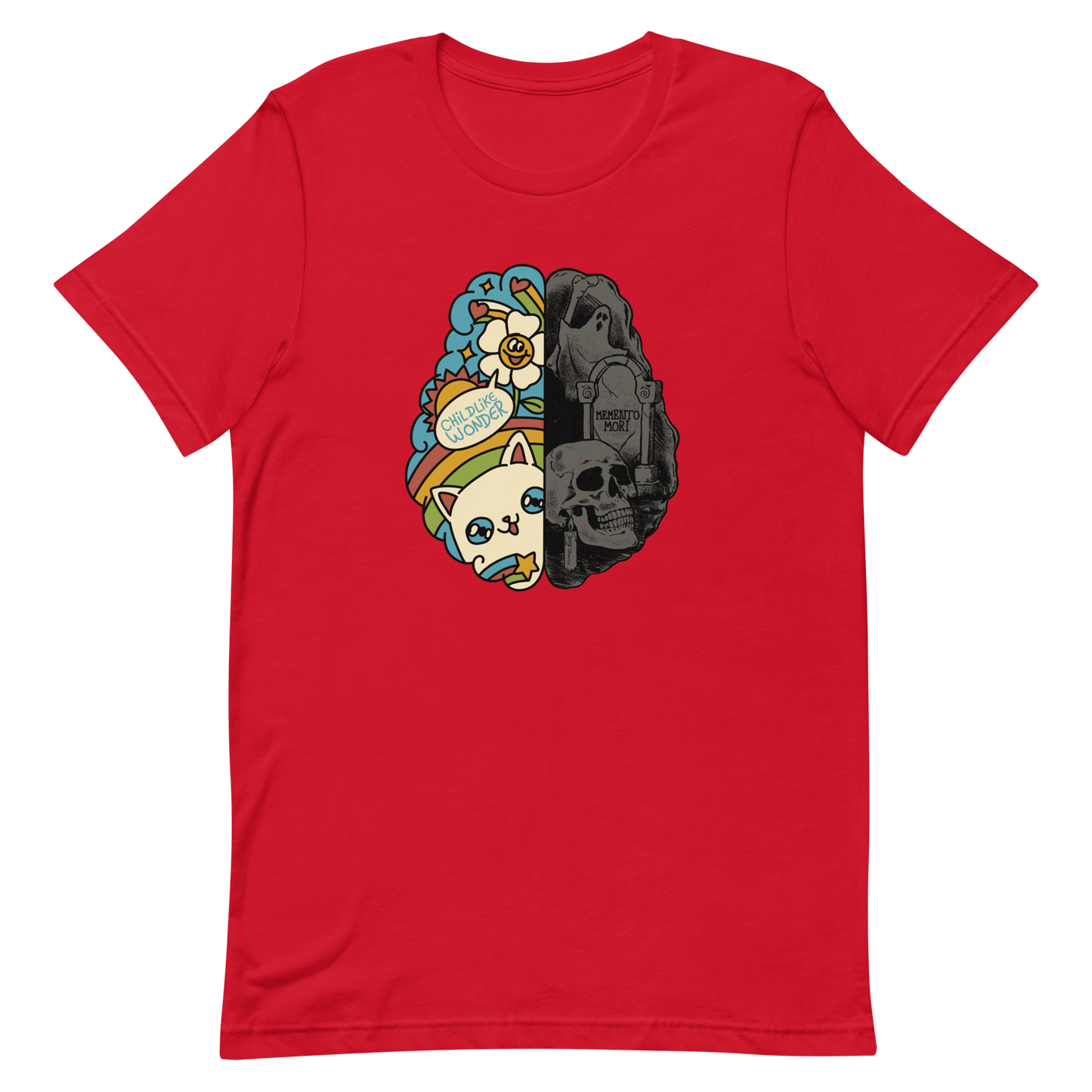 This artwork depicts a split brain, one side cheerful and vibrant with a cute cat, rainbows, and the phrase "Childlike Wonder," the other dark and gothic with skulls and the inscription "Memento Mor". It represents the duality between life and mortality, joy and decay. A perfect choice for fans of art with a macabre yet cute touch, psychological themes, and people who have an inner duality.