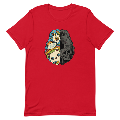 This artwork depicts a split brain, one side cheerful and vibrant with a cute cat, rainbows, and the phrase "Childlike Wonder," the other dark and gothic with skulls and the inscription "Memento Mor". It represents the duality between life and mortality, joy and decay. A perfect choice for fans of art with a macabre yet cute touch, psychological themes, and people who have an inner duality.