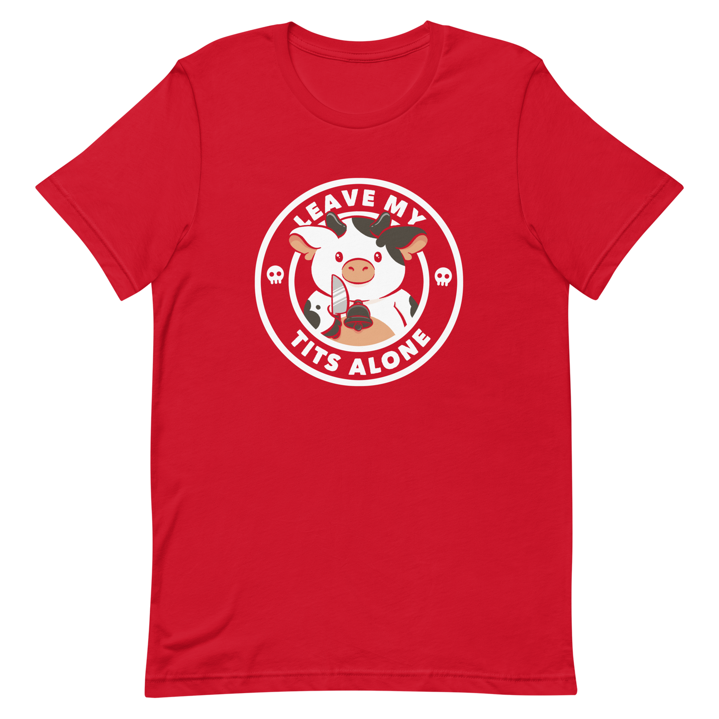 A quirky stamp-style design featuring a cute spotted cow holding a knife with the phrase “Leave My Tits Alone.” It mixes humor, attitude, and a playful call for animal respect. Perfect for cow lovers, fans of sassy humor, and anyone who supports animal rights.
