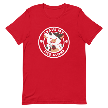 A quirky stamp-style design featuring a cute spotted cow holding a knife with the phrase “Leave My Tits Alone.” It mixes humor, attitude, and a playful call for animal respect. Perfect for cow lovers, fans of sassy humor, and anyone who supports animal rights.