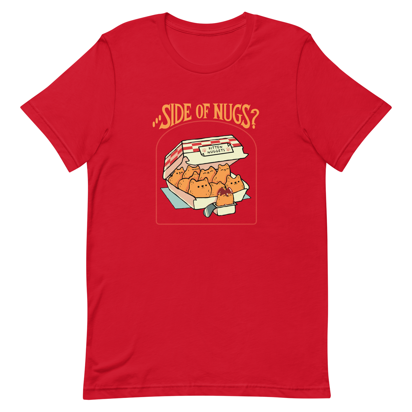 A box of cute, cat-shaped chicken nuggets, with the text "side of nugs?" on top. A work of art that blends humor, kittens, and fast food.