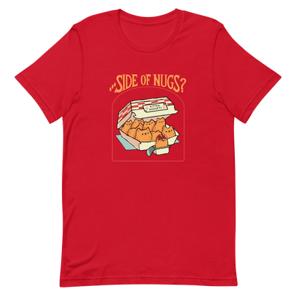 A box of cute, cat-shaped chicken nuggets, with the text "side of nugs?" on top. A work of art that blends humor, kittens, and fast food.