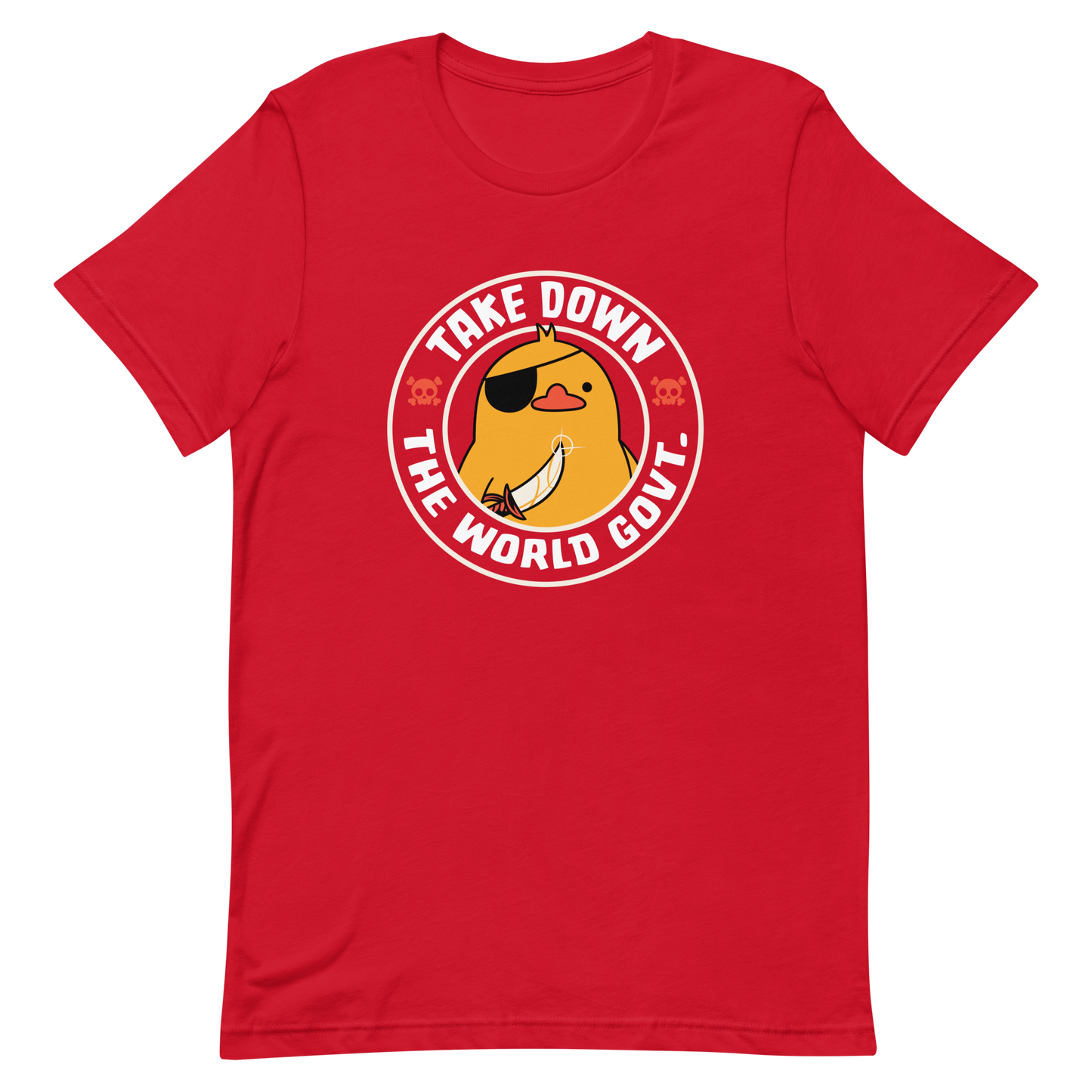 A stamp-like design featuring a fearless duck wearing an eyepatch and wielding a sword, with the words “Take Down The World Govt.” written around it. This artwork represents rebellion and independence for those who refuse to follow rules . Ideal for free-spirited people, pirate adventures appreciators, duck lovers or those who simply enjoy unique and irreverent art.