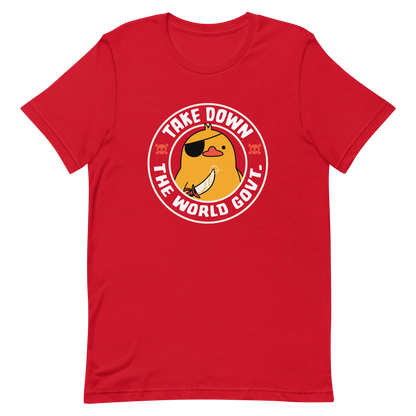 A stamp-like design featuring a fearless duck wearing an eyepatch and wielding a sword, with the words “Take Down The World Govt.” written around it. This artwork represents rebellion and independence for those who refuse to follow rules . Ideal for free-spirited people, pirate adventures appreciators, duck lovers or those who simply enjoy unique and irreverent art.