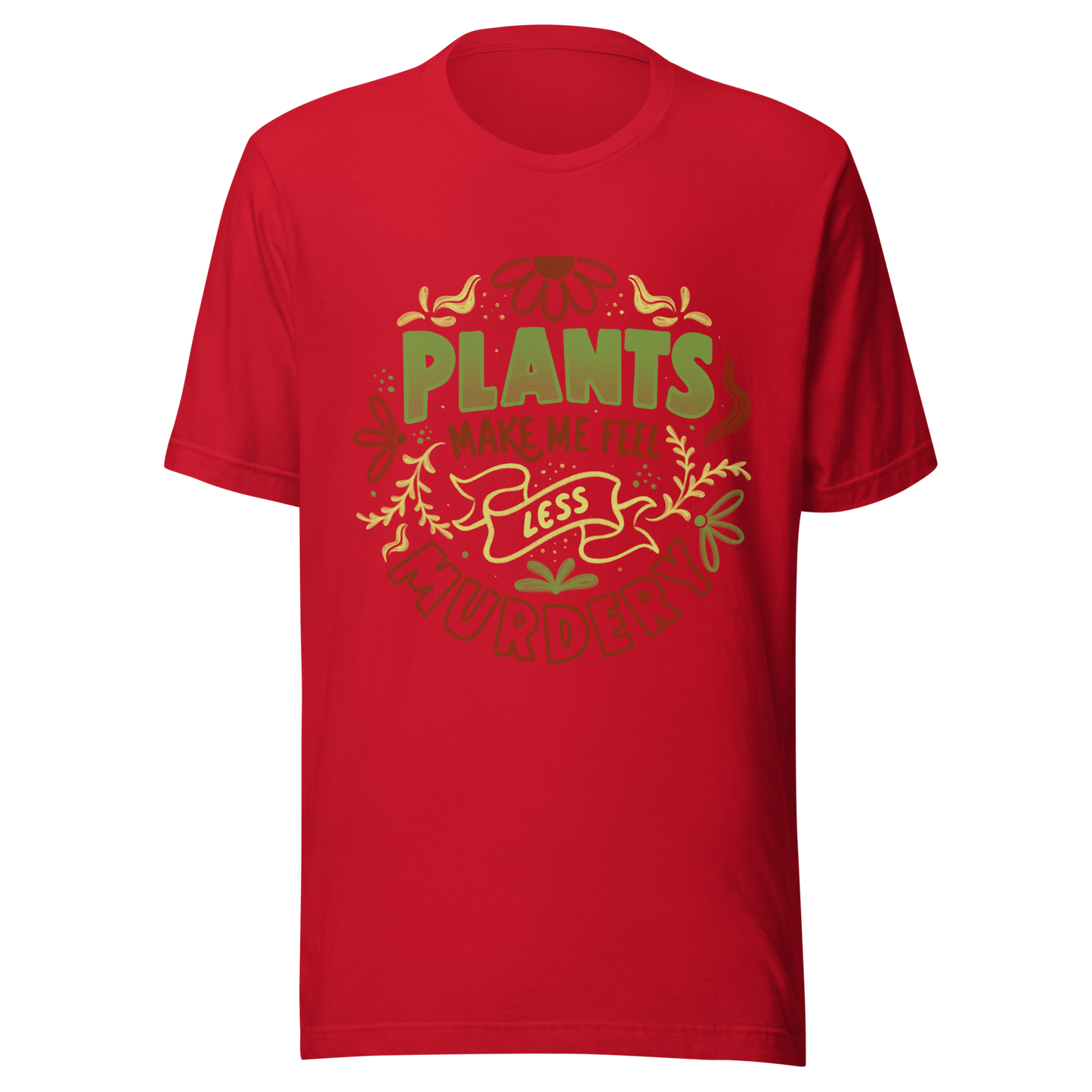 This design features leaves and flowers surrounding the bold and humorous phrase ‘Plants Make Me Feel Less Murdery’. It blends cute imagery with acerbic humour, capturing the idea that plants can soothe even the most chaotic moods. Ideal for plant parents who appreciate a clever and slightly sarcastic take on emotional honesty.