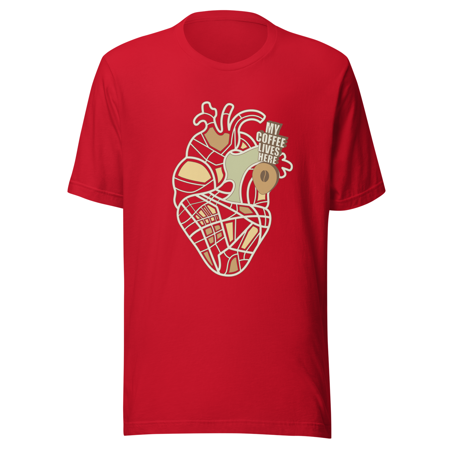 An anatomical heart illustrated like a map, marked with a small coffee-bean pin beside the phrase “My Coffee Lives Here”. A symbolic and cozy design that blends warmth and creativity, perfect for coffee lovers who treat their favorite brew as the fuel that keeps their heart beating.