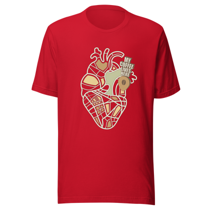 An anatomical heart illustrated like a map, marked with a small coffee-bean pin beside the phrase “My Coffee Lives Here”. A symbolic and cozy design that blends warmth and creativity, perfect for coffee lovers who treat their favorite brew as the fuel that keeps their heart beating.