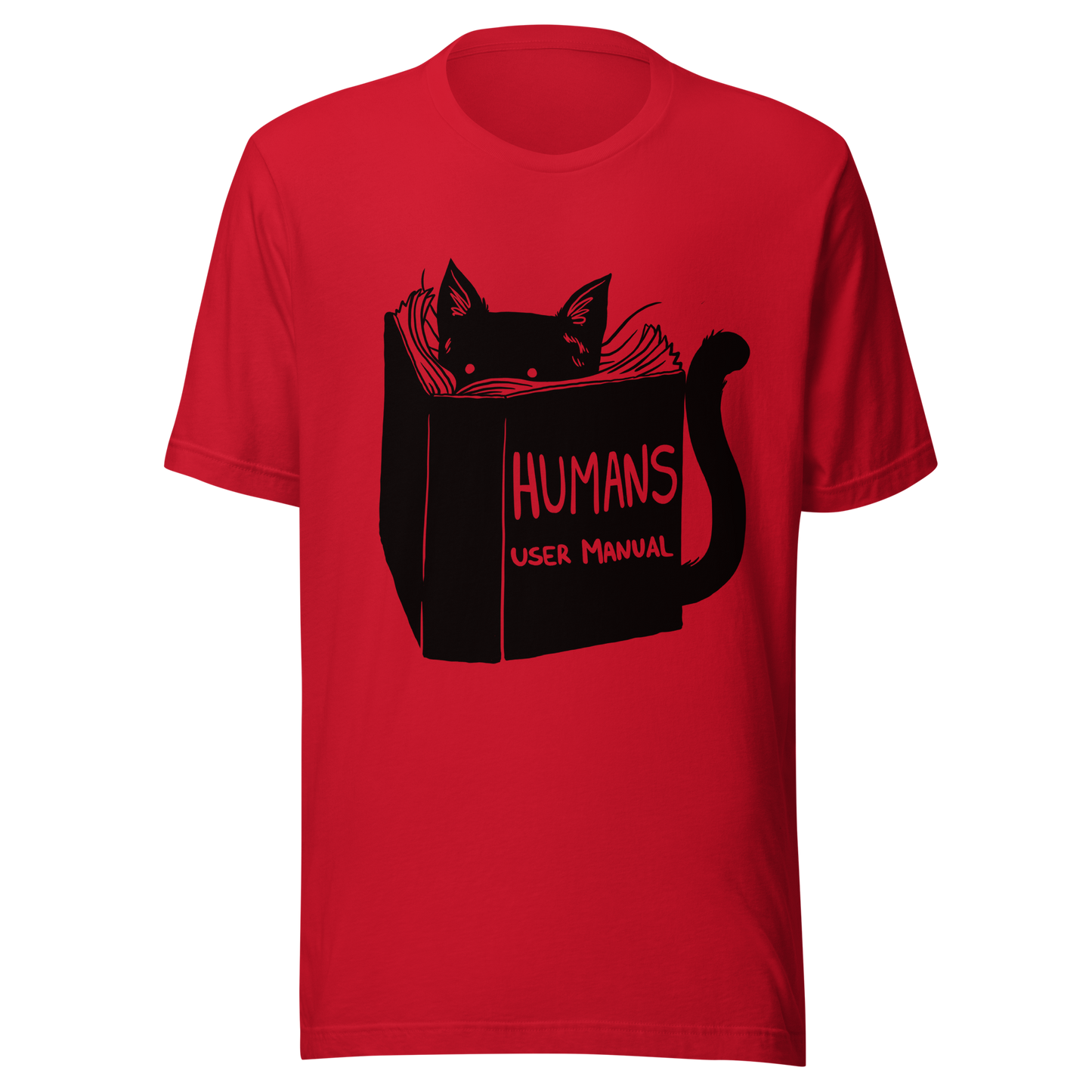 A kitten peeking out from behind a huge book titled "Humans: User Manual". This design plays on the idea that cats are trying to figure out how to control us. Perfect for cat lovers, book fans, and anyone who enjoys lighthearted humor in prints.