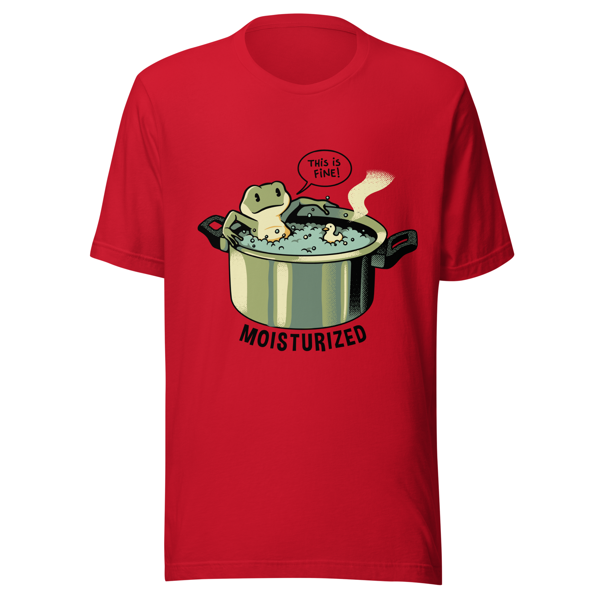 A relaxing frog enjoys a bath in a pot of boiling water while calmly saying, “This is fine”. This artwork combines sarcastic humor with an unexpectedly relaxed vibe. Perfect for frog lovers, memes, irony, and a touch of playful absurdity.