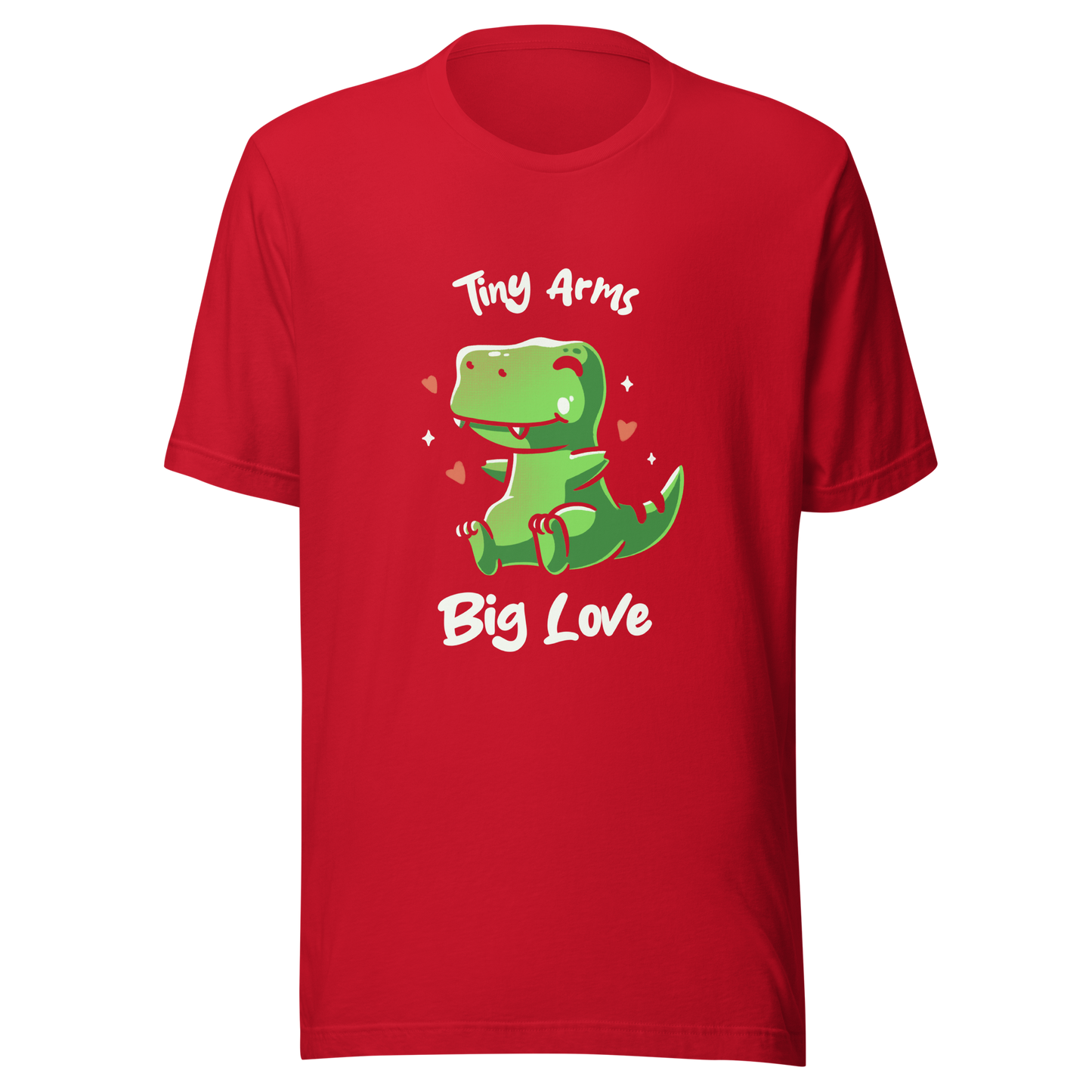 An adorable T-Rex appears in the center, with its short arms and cute smile. This design plays with the contrast between the dinosaur's ferocity and the phrase "Tiny arms, big love," delivering humor and affection. Perfect for those who love geeky, fun, and personality-filled prints, especially dinosaur fans and those with a soft heart.