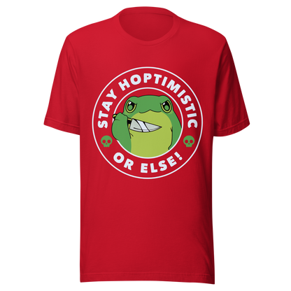 A green frog with a determined look stands beside the playful phrase “Stay Hoptimistic — Or Else”. A fun pun with a slightly chaotic twist, perfect for frog lovers and anyone who enjoys quirky, attitude-filled humor.