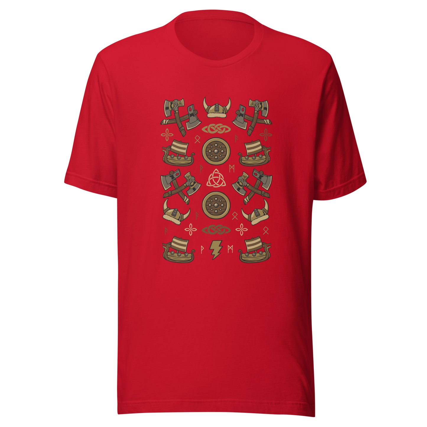 The artwork features a symmetrical illustration with axes, wooden shields, Viking helmets, longships, and runes in earthy tones on a dark background. Each element reinforces the classic Nordic aesthetic, blending iconic symbols with a detailed and super harmonious cartoon style. Perfect for fans of Viking culture, Norse mythology, RPGs, and anyone who loves prints with an epic and stylized vibe.