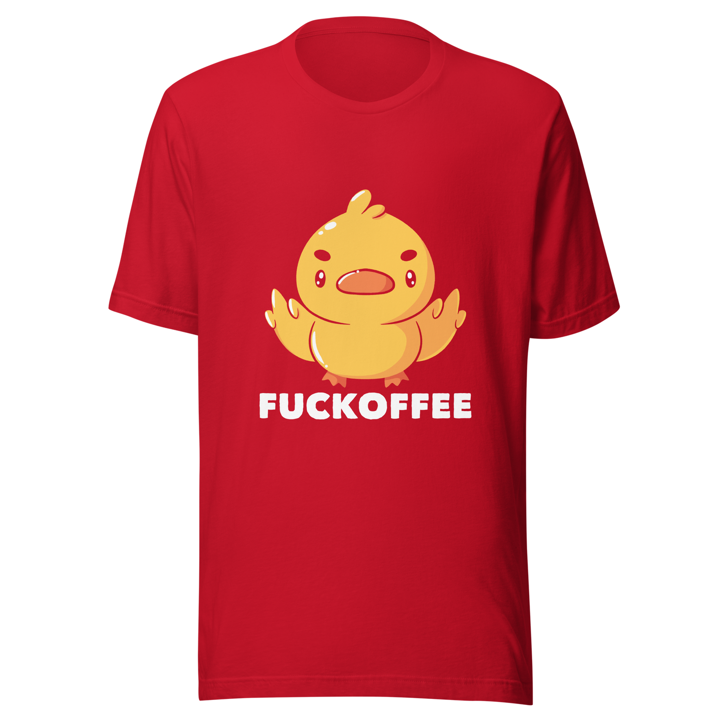 A cute yellow duckling with a mean face showing his middle fingers, next to it the phrase "Fuckoffee". An art with humor for those who love ducks.