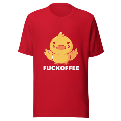 A cute yellow duckling with a mean face showing his middle fingers, next to it the phrase "Fuckoffee". An art with humor for those who love ducks.