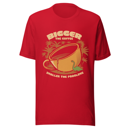 A giant retro-style coffee cup, with a little dinosaur strolling around and palm trees in the background. This design plays on the phrase "Bigger the coffee, smaller the problems," creating a cute and humorous scene about morning survival. Perfect for coffee lovers, dinosaur fans, and those who enjoy fun art.