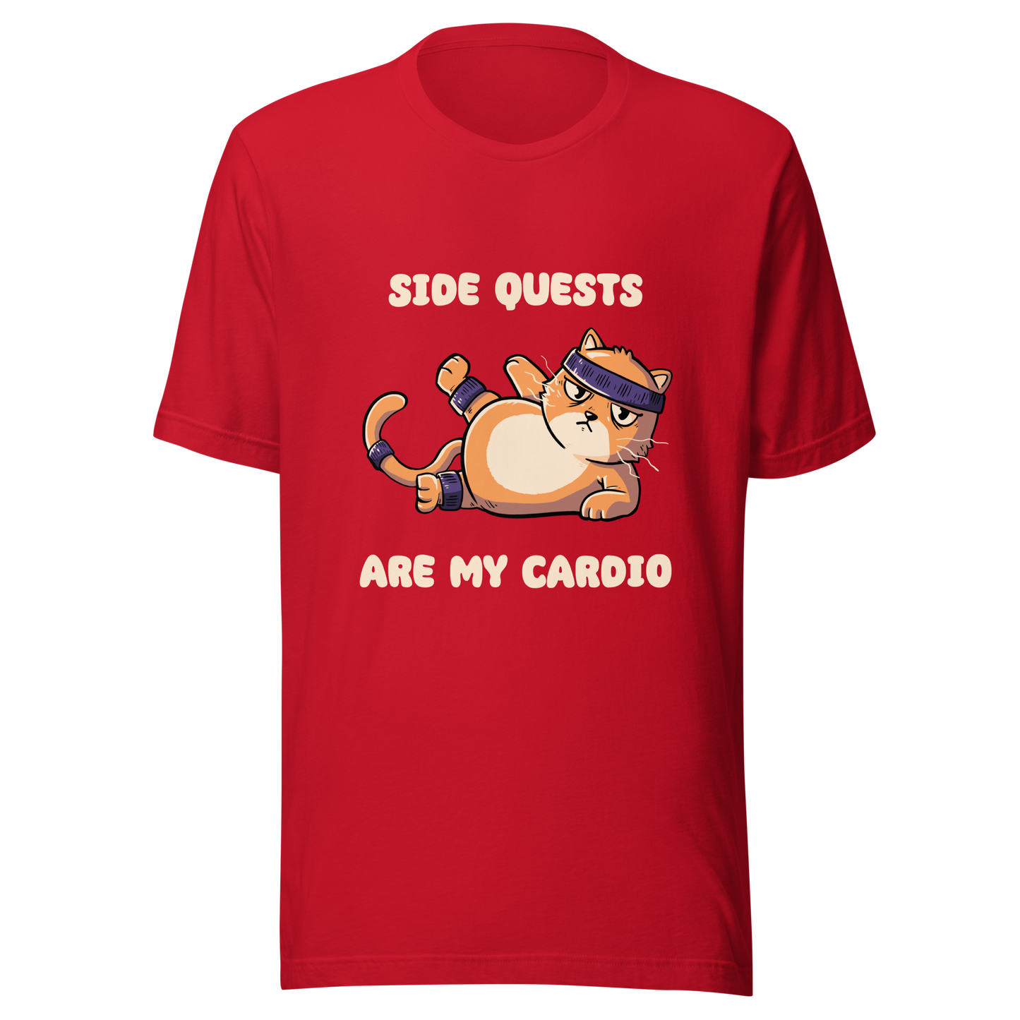 An orange kitten in gym clothes doing an aerobic workout, paired with the phrase ‘Side Quests Are My Cardio Gym Cat’. A humorous design that mixes cats, gaming vibes and fitness irony, perfect for those who prefer playful side quests over serious workouts.
