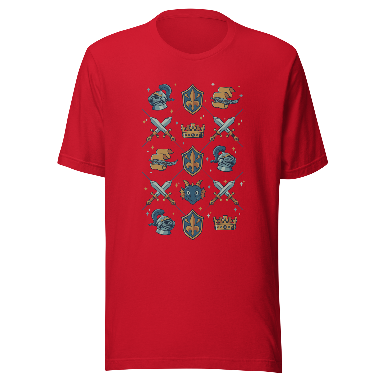 The artwork features swords, knight's helmets, crowns and dragons. Blending medieval fantasy with classic symbols of bravery, royalty, and magic, creating a strong and elegant composition. Ideal for fans of epic fantasy, knights, dragons, and anyone who loves prints with a heroic and stylish vibe.