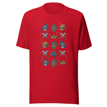 The artwork features swords, knight's helmets, crowns and dragons. Blending medieval fantasy with classic symbols of bravery, royalty, and magic, creating a strong and elegant composition. Ideal for fans of epic fantasy, knights, dragons, and anyone who loves prints with a heroic and stylish vibe.