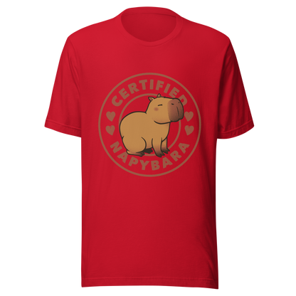 An art piece in warm beige and brown tones featuring a relaxed, sleepy capybara sitting peacefully beside the phrase “Certified Napybara”. A cozy, humorous design perfect for anyone who relates to slow days, loves capybaras, and fully embraces the art of taking naps.