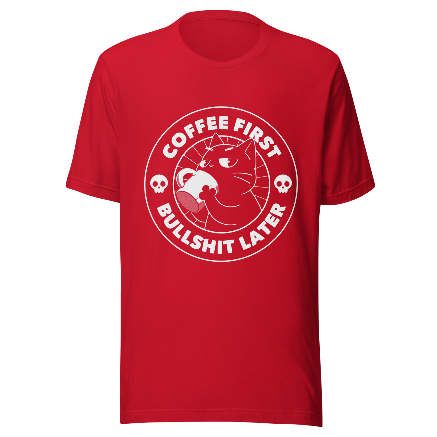 A black cat enjoys a hot cup of coffee, surrounded by the phrase “Coffee First Bullshit Later” adorned with skulls. This design combines dark humor with a touch of humor, perfect for those who face the day with equal doses of coffee and sarcasm. Made for lovers of felines, sarcasm and that extra dose of morning caffeine.