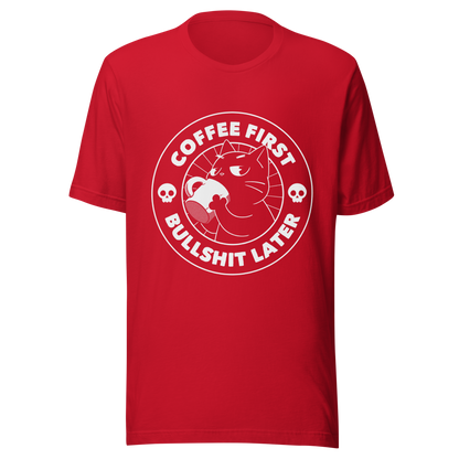 A black cat enjoys a hot cup of coffee, surrounded by the phrase “Coffee First Bullshit Later” adorned with skulls. This design combines dark humor with a touch of humor, perfect for those who face the day with equal doses of coffee and sarcasm. Made for lovers of felines, sarcasm and that extra dose of morning caffeine.