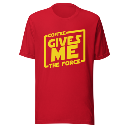 An artwork in yellow inspired by classic space adventure movies, featuring the phrase “Coffee Gives Me The Force”. A fun design for coffee lovers, sci-fi fans and anyone powered by caffeine and galaxy vibes.