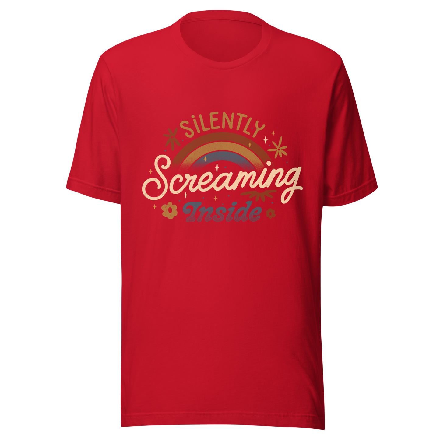 A fun and cute lettering design with a rainbow in the background and the phrase ‘Silently Screaming Inside’. The contrast between cheerful visuals and dark humour makes it perfect for those who cope with irony and sarcasm.