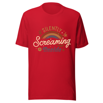 A fun and cute lettering design with a rainbow in the background and the phrase ‘Silently Screaming Inside’. The contrast between cheerful visuals and dark humour makes it perfect for those who cope with irony and sarcasm.
