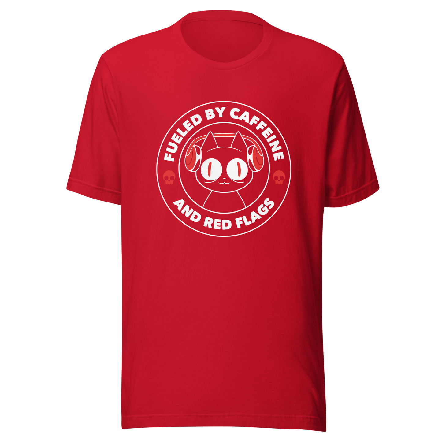 A stamp-style illustration of a black cat wearing headphones, featuring the phrase “Fueled by Caffeine and Red Flags”. A humorous and ironic design perfect for coffee lovers, chaotic souls, and anyone who embraces their red flags with style.