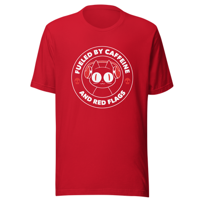 A stamp-style illustration of a black cat wearing headphones, featuring the phrase “Fueled by Caffeine and Red Flags”. A humorous and ironic design perfect for coffee lovers, chaotic souls, and anyone who embraces their red flags with style.