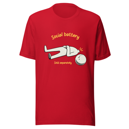 A cute character lying on the ground with their head separated from their body, paired with the phrase “Social Battery Sold Separately”. This humorous design captures the feeling of having no energy left for social interaction. Perfect for introverts and anyone who needs time alone to recharge, it’s a relatable and playful reminder that not everyone comes with a full social battery.