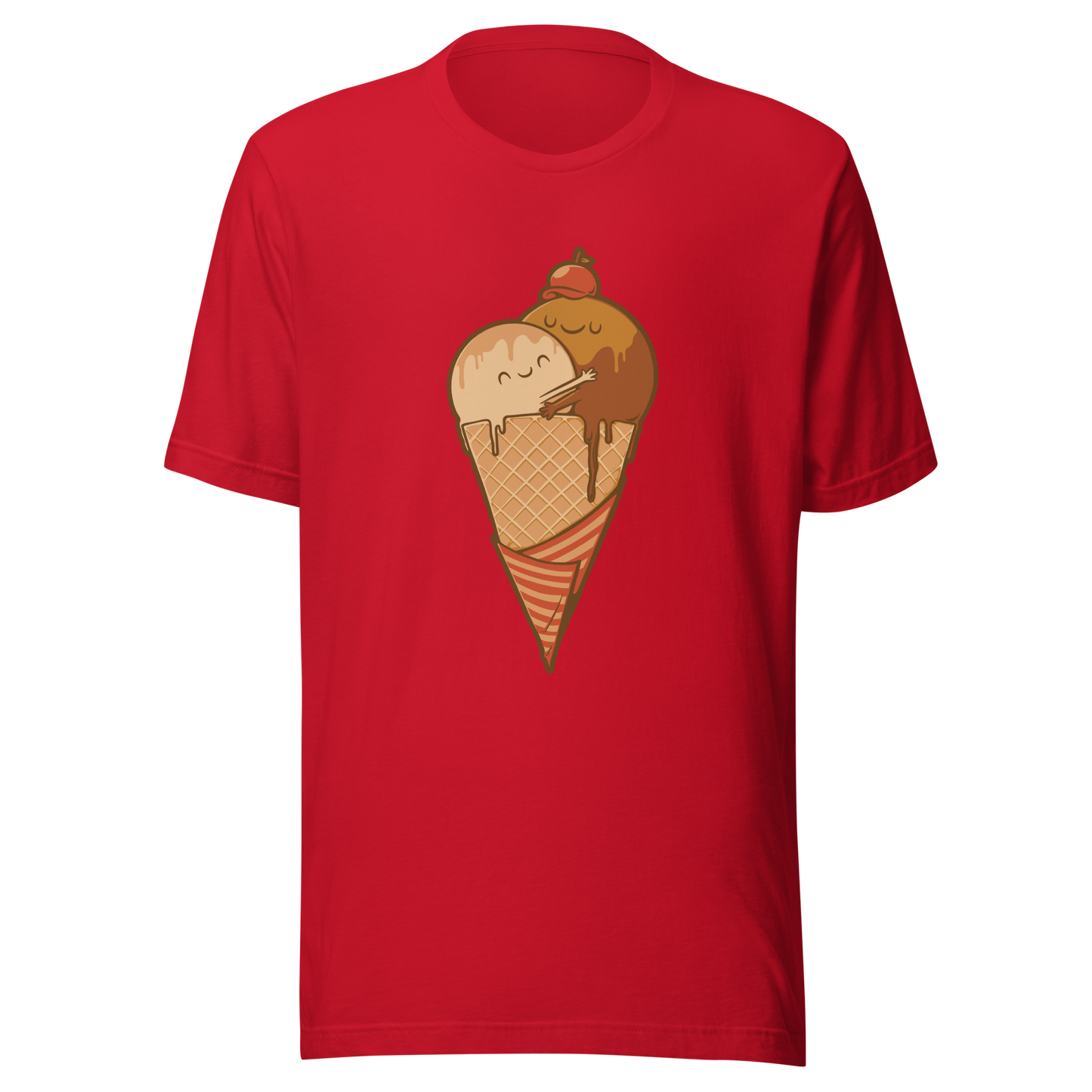 A cute illustration of an ice cream cone and two scoops hugging to form a heart, celebrating love, sweetness, and playful vibes. Perfect for dessert lovers and fans of adorable art.