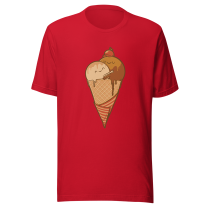 A cute illustration of an ice cream cone and two scoops hugging to form a heart, celebrating love, sweetness, and playful vibes. Perfect for dessert lovers and fans of adorable art.
