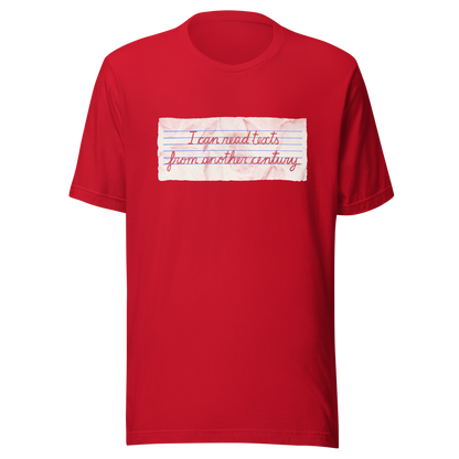 A minimalist artwork featuring handwritten lettering on crumpled, vintage notebook-style paper. The phrase “I can read texts from another century” blends nostalgia and ironic humour, making it perfect for book lovers, history enthusiasts, and literary nerds.