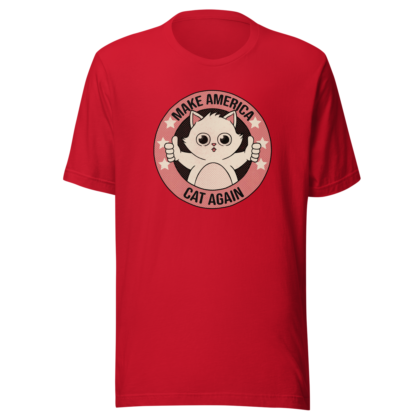 A stamp-style illustration of a cute kitten giving a two-finger thumbs-up, paired with the humorous phrase “Make America Cat Again”. A fun, ironic design for cat lovers and fans of playful pop culture art.