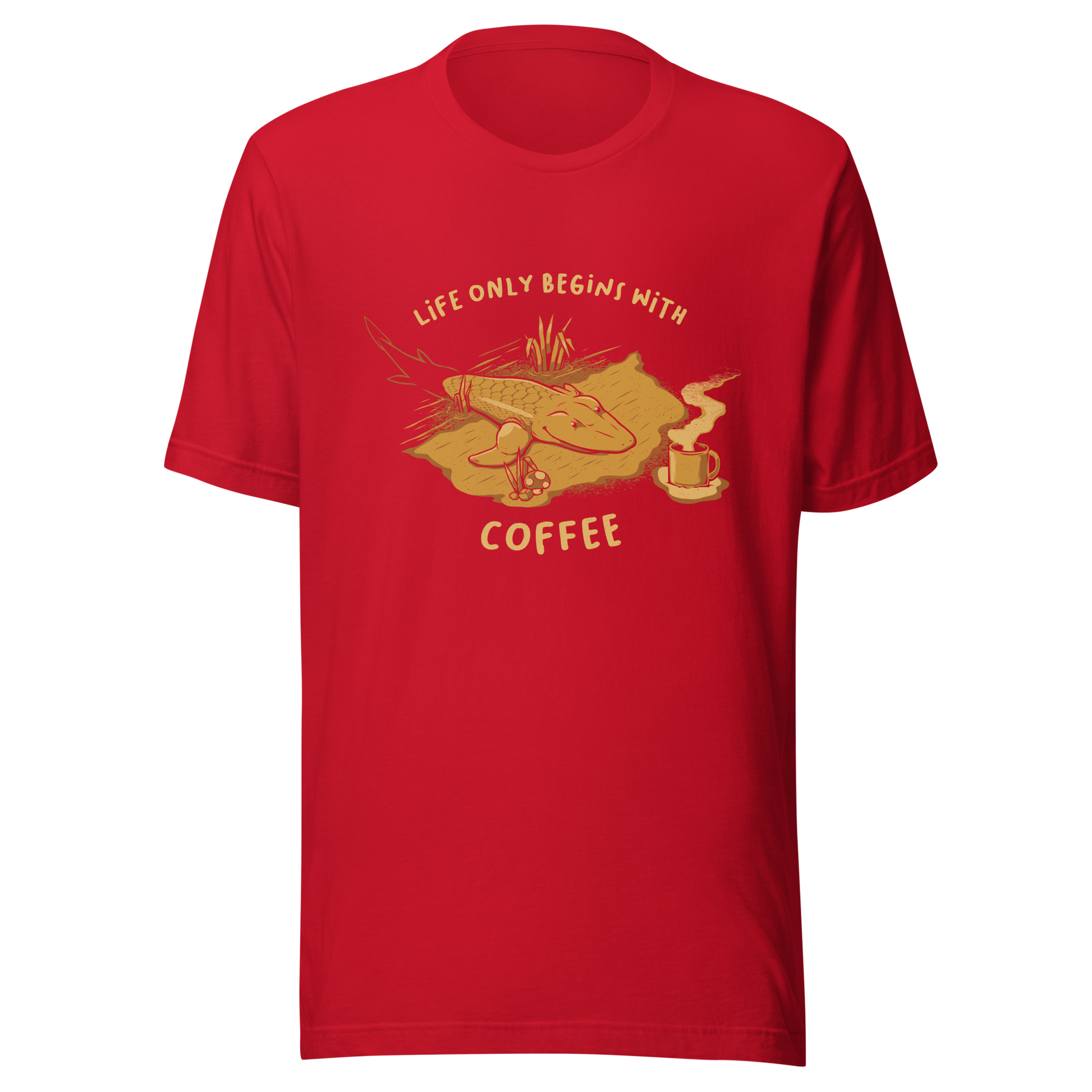 This funny illustration shows a tadpole evolving into a terrestrial creature while reaching for a cup of coffee. Paired with the phrase ‘Life Begins After Coffee Evolution’, the artwork humorously compares human evolution to our daily need for coffee.