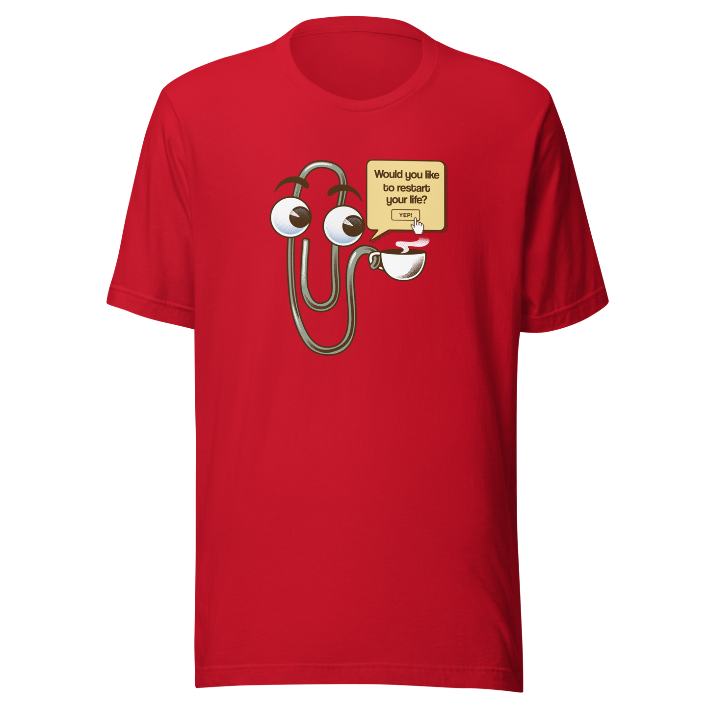 A playful paperclip character holding a cup of coffee with the phrase ‘You Look Like You Need a Coffee’. A witty, nostalgic design perfect for coffee lovers and fans of retro tech humour.