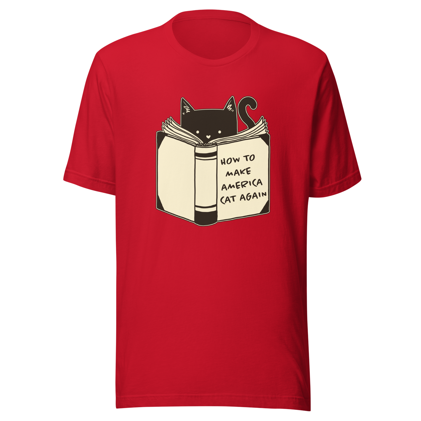 A minimalist illustration of a cat reading a book titled “How to Make America Cat Again”. A clean, witty design that blends feline charm with ironic humor, perfect for cat lovers and fans of clever, minimalist art.
